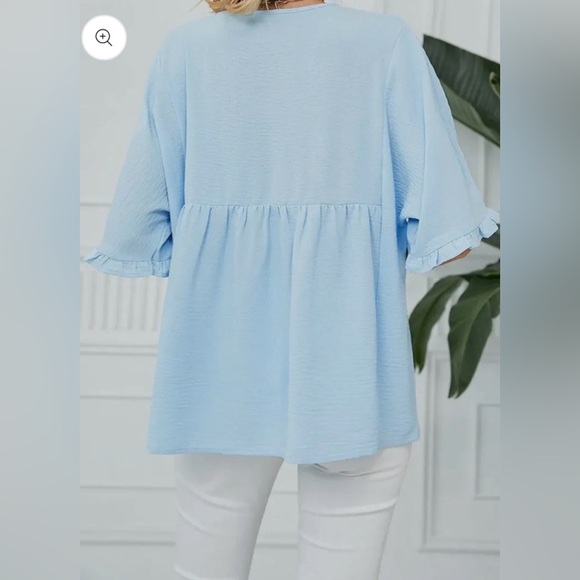 Textured Ruffle Gathered Boutique Top Short Sleeve V Neck Blouse in Coastal Blue - Picture 7 of 8